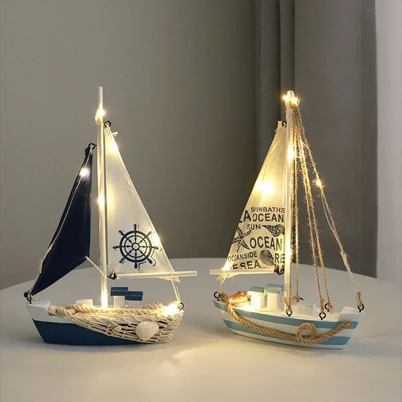 Serene Glow Wooden Light-Up Sailboat Figurines – Coastal Nautical Decor with LED Ambiance (Small & Large Sizes)