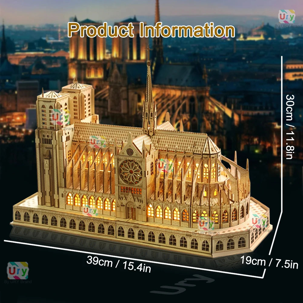 Notre Dame Cathedral Masterpiece Model Building Kit – 3D Wooden Puzzle with LED Lights | DIY Architectural Set for Adults & Collectors