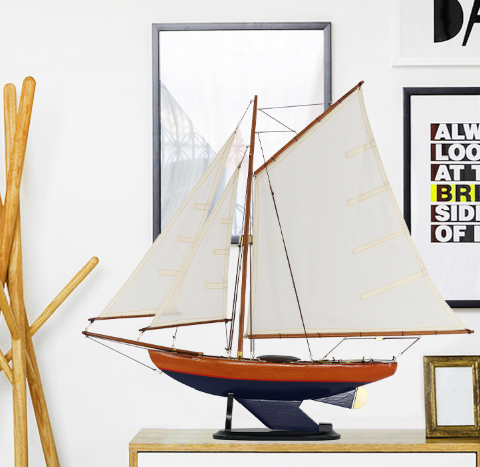 Handcrafted Bermuda Sailboat Model – 66cm Wooden Blue Hull Yacht with Bermuda Rig | Nautical Décor & Gift