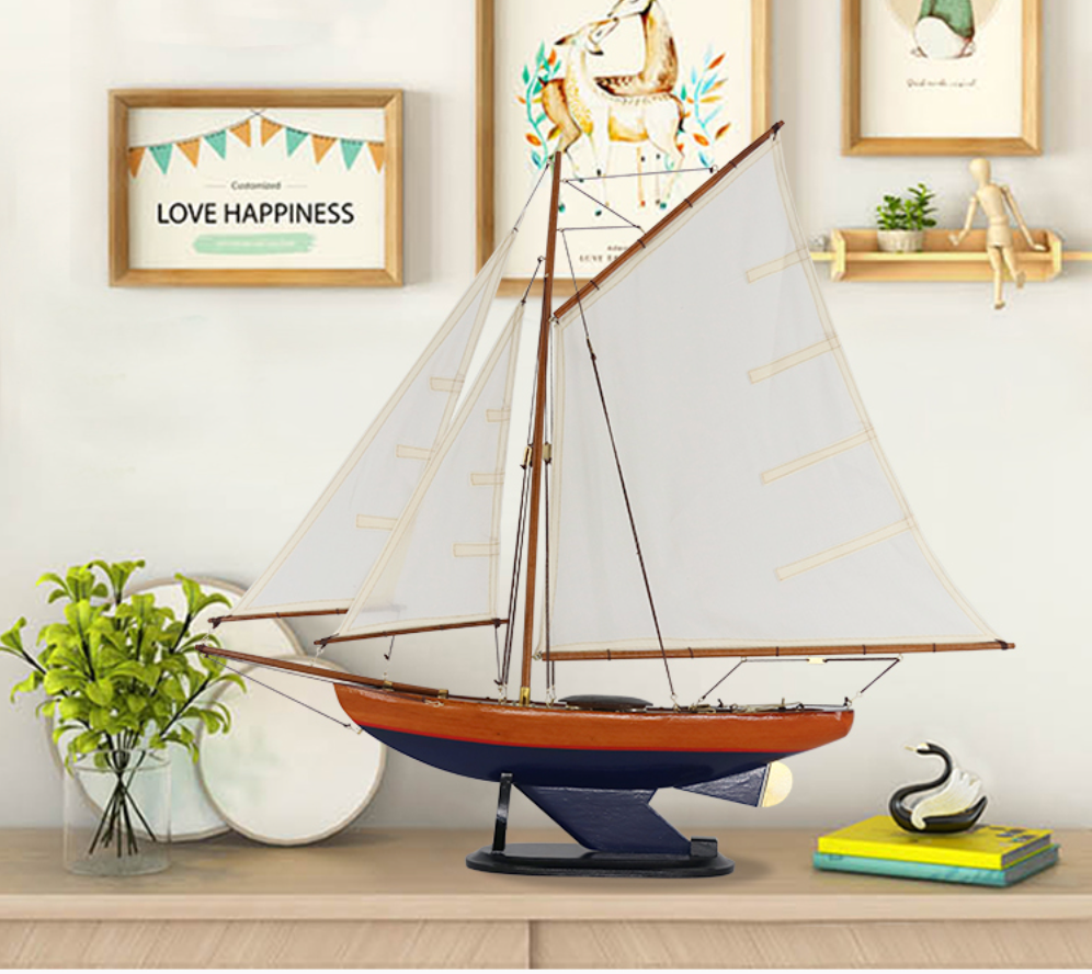 Handcrafted Bermuda Sailboat Model – 66cm Wooden Blue Hull Yacht with Bermuda Rig | Nautical Décor & Gift